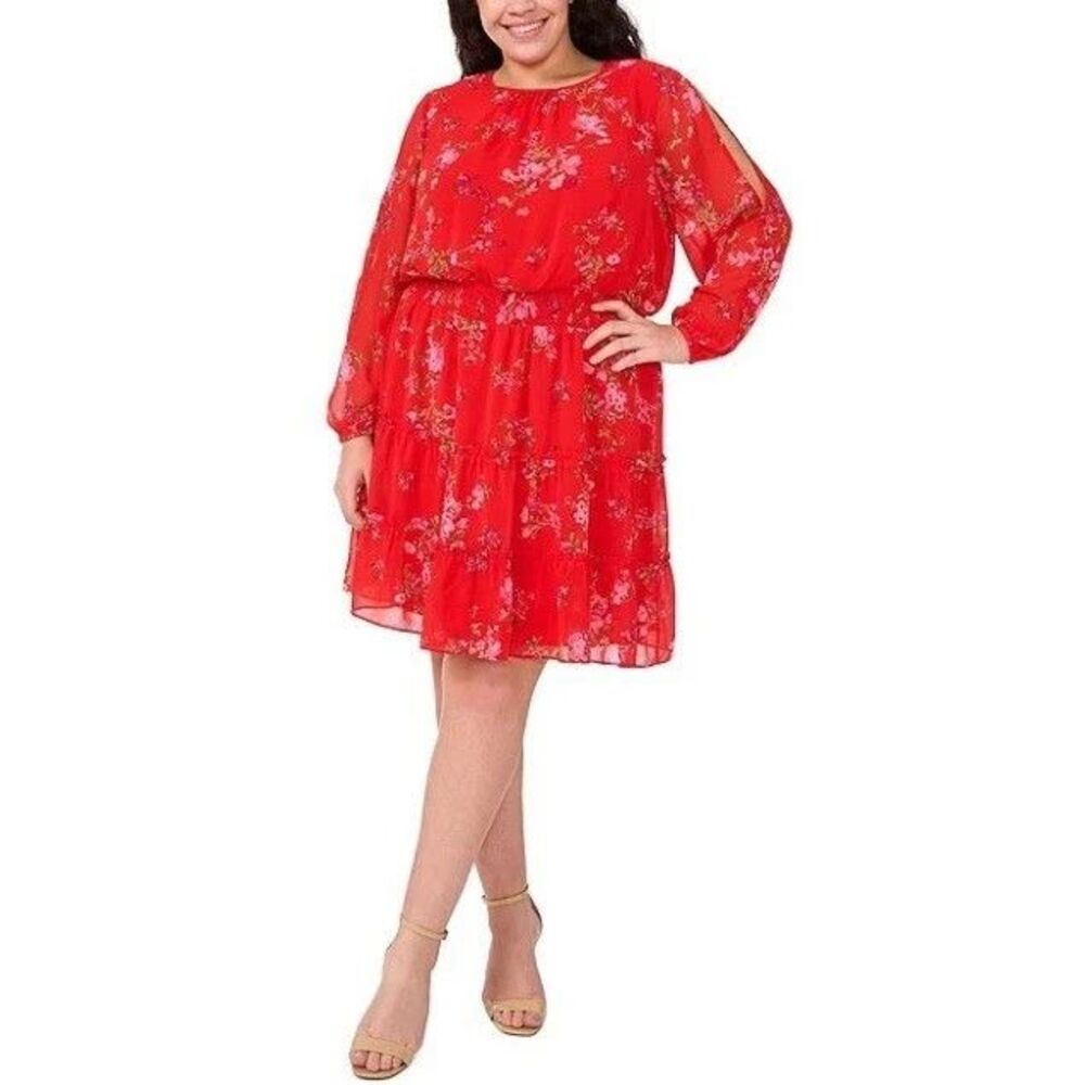 CeCe Dress Womens Plus 3X Scarlet Glow Floral Button Cold Shoulder Tiered Dress